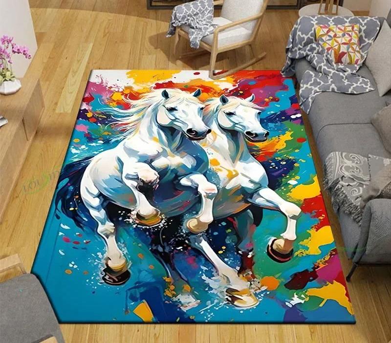 3D Fashion Exquisite Painted Galloping Horse Design Anti-Slip Area Rug for Living Room Kids' Bedroom Mat Large Decorative Carpet