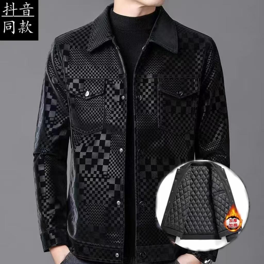 Men's trendy men's jacket spring and autumn lapel fashion leather jacket men's casual jacket plaid trendy top Korea