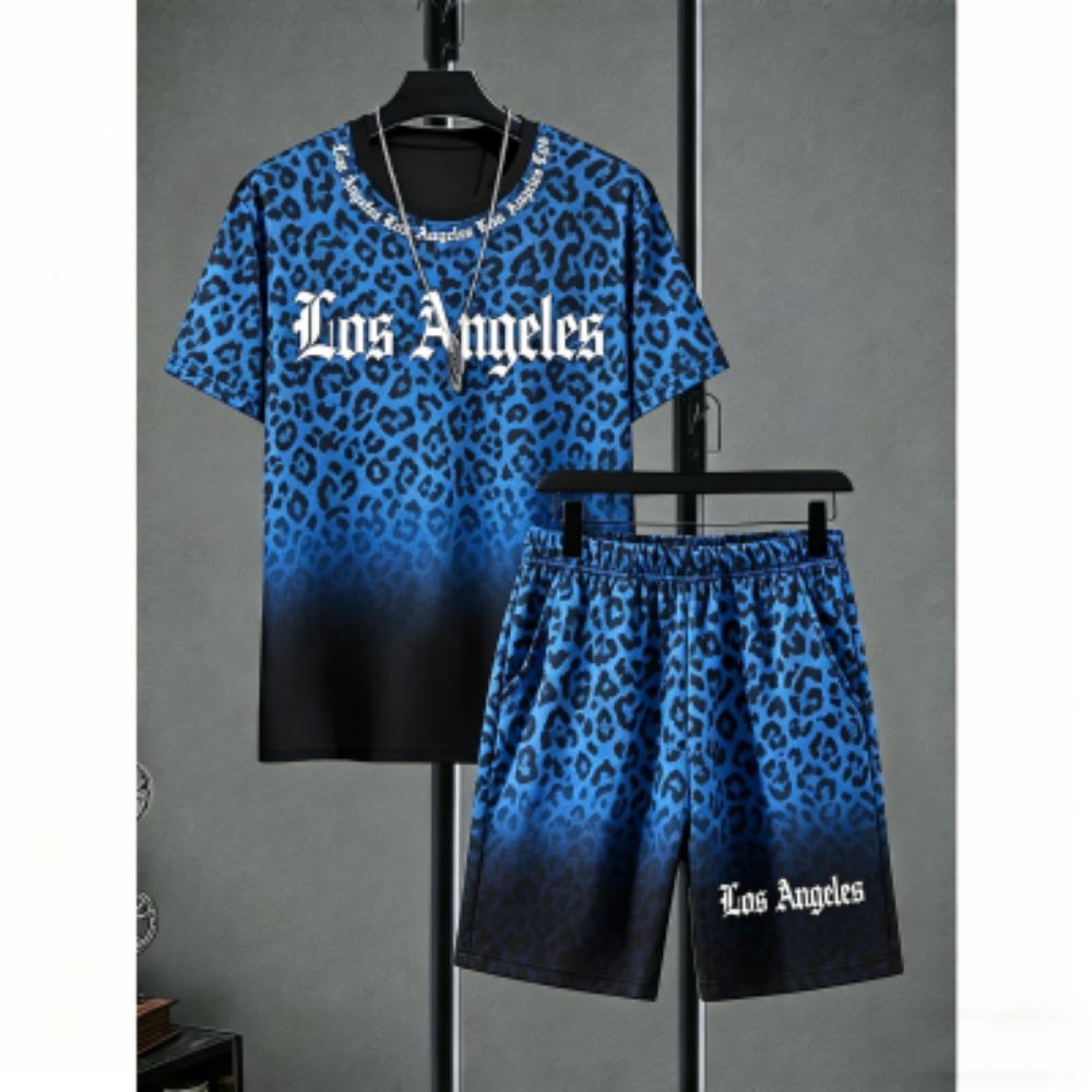 Fun Men's Set Leopard Printed Men's T-shirt and Shorts 2 Piece Set Summer Casual Outdoor Plus Size Men's and Women's T-shirt Sets