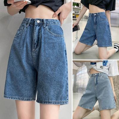 Women Knee Length Jeans Straight High Waist Zipper Button Closure Retro Pockets Solid Color Loose Lady