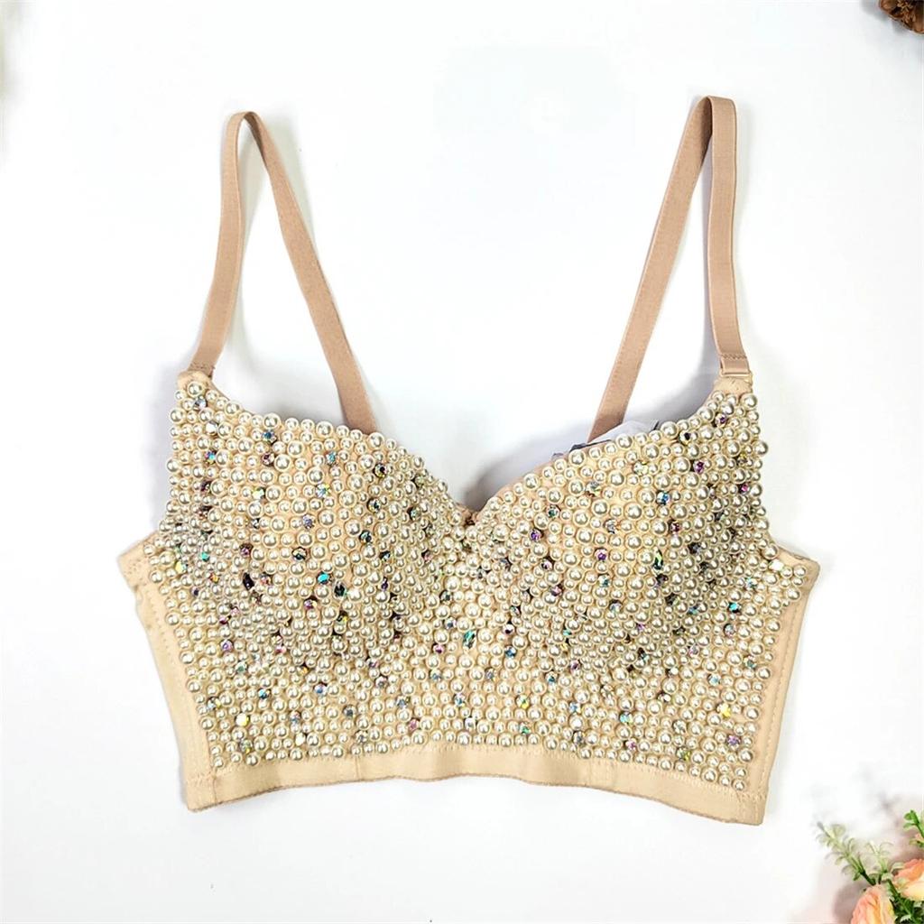 Yushutiff Perlen Perlen Frauen Korsett BH abgeschnitten weibliche Damen Nachtclub Bustier Crop Top