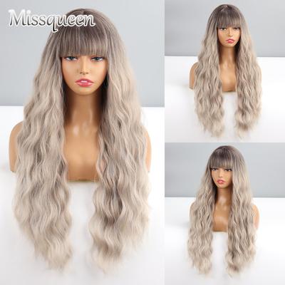 MISSQUEEN Parrucca da Donna Ombre Marrone Grigio Colore Parrucca Lunga Ondulata con Frangia Fibra Sintetica Donne Uso Quotidiano Cosplay Parrucca Ondulata