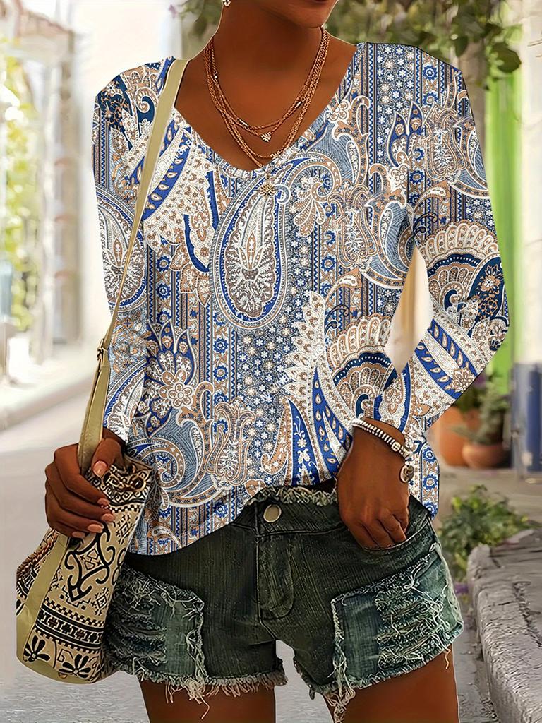 Women's Elegant V-Neck Marble Print Long Sleeve T-Shirt Soft Polyester Great for Autumn and Winter Casual Wear Floral Print Tops