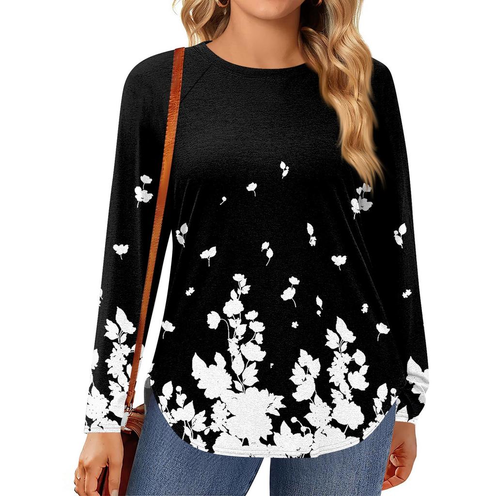 Womens Plus Size Tops Long Sleeve Shirts Round Neck Flowy Tunic Casual Loose Blouse L-5X