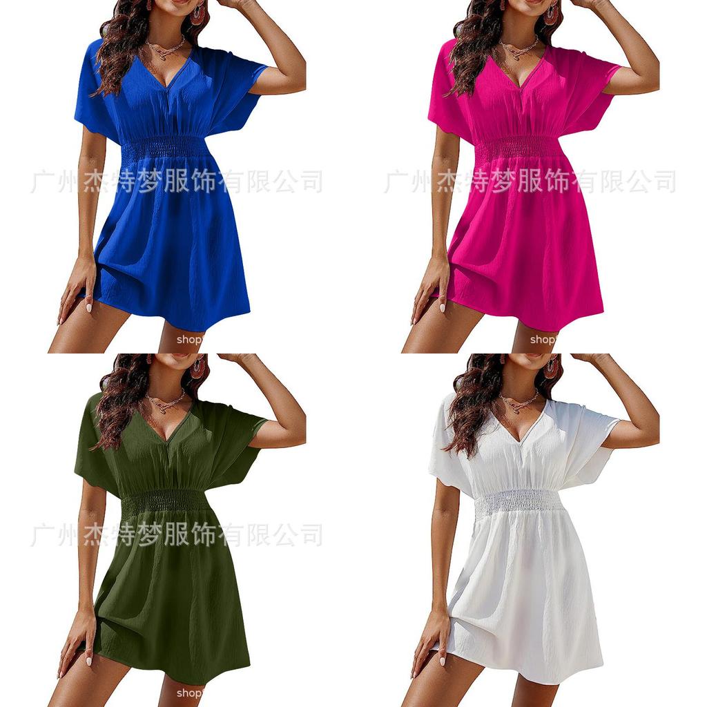 Summer Beach Dress With Vneck And Pleated Design For Casual Women