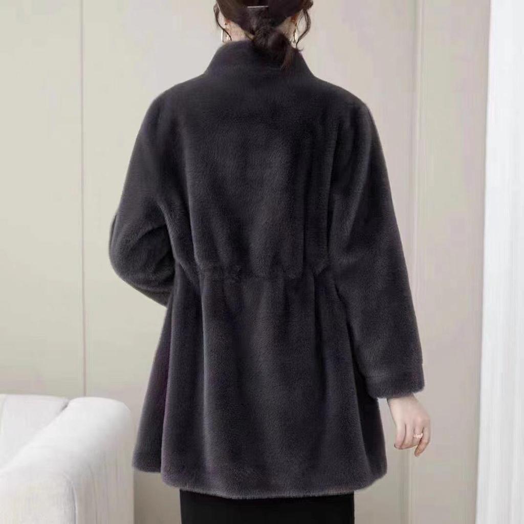 Women's Golden Sable Velvet Fur Coat, Stand Collar, Mid-Length, Winter 2025 Style, Fur-Lined for Middle-Aged and Elderly.