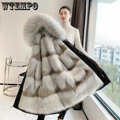 Long Solid Color Casual Hooded Jackets Women Large Size Loose Detachable Faux Fur Lining Coats Winter Women's Warm Long Parkas