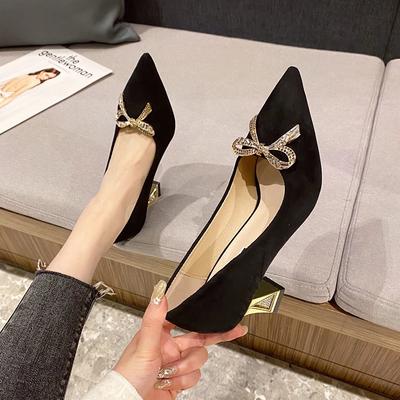 Fashion Elegant French Style Bow High Heels 2024 New Spring Women's Single Shoes Pointed Toe Rhinestone Wearable Casual Socialite Look
