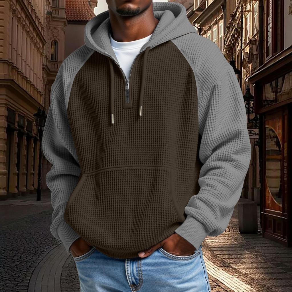 Mens Hoodies Pullover QuarterCasaul Long Sleeve Drawstring Knit Hooded Sweatshirt With Pocket