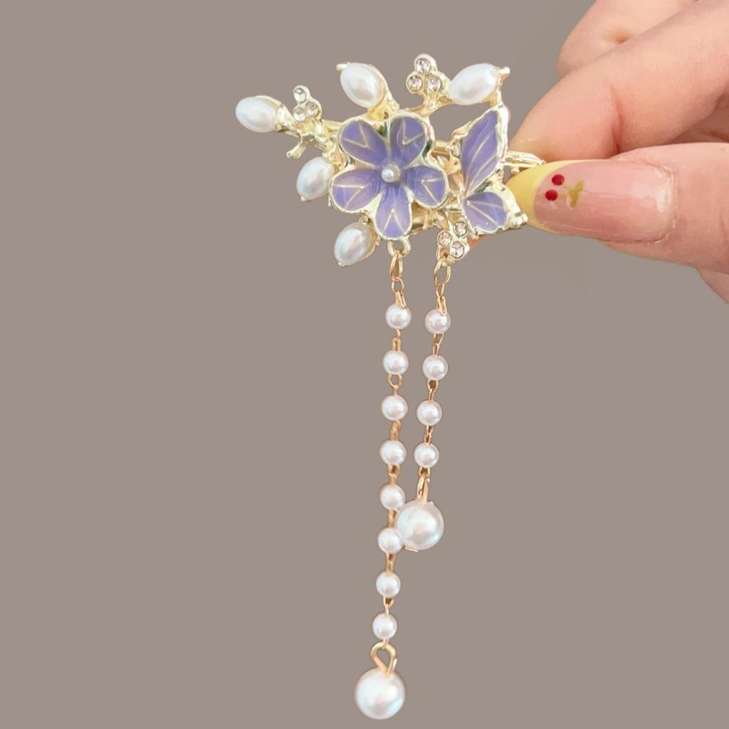 Elegant Blue Cloud Pearl Hairpin with Tassel