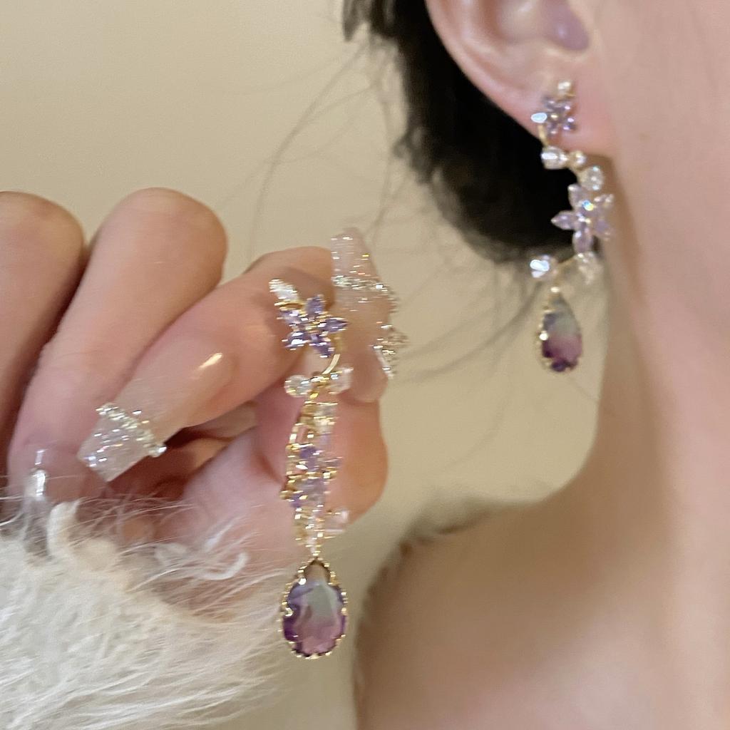 Zircon Flower Artificial Crystal Water Drop Fringed Earrings Fashionable and Elegant Earrings High-end Temperament Earrings