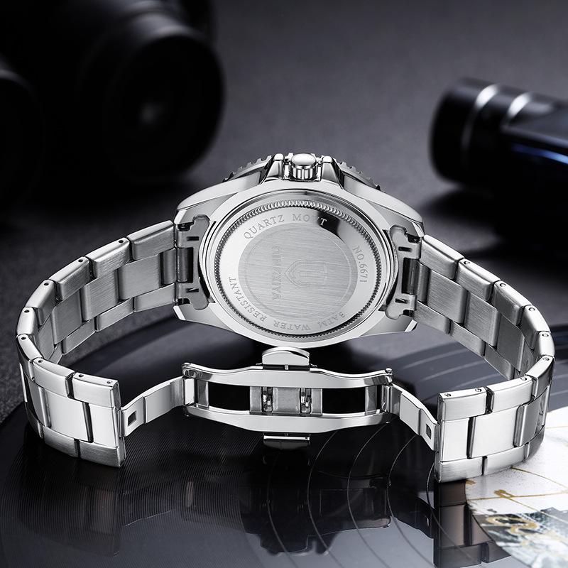 Qingxiya Men's Waterproof Quartz Sports Watch with Stainless Steel Strap and Luminous Calendar