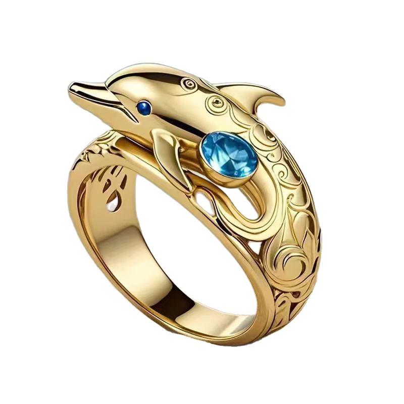 New Light Luxury Style Women’s Ring Set with Blue Zircon and Cute Little Dolphin Design