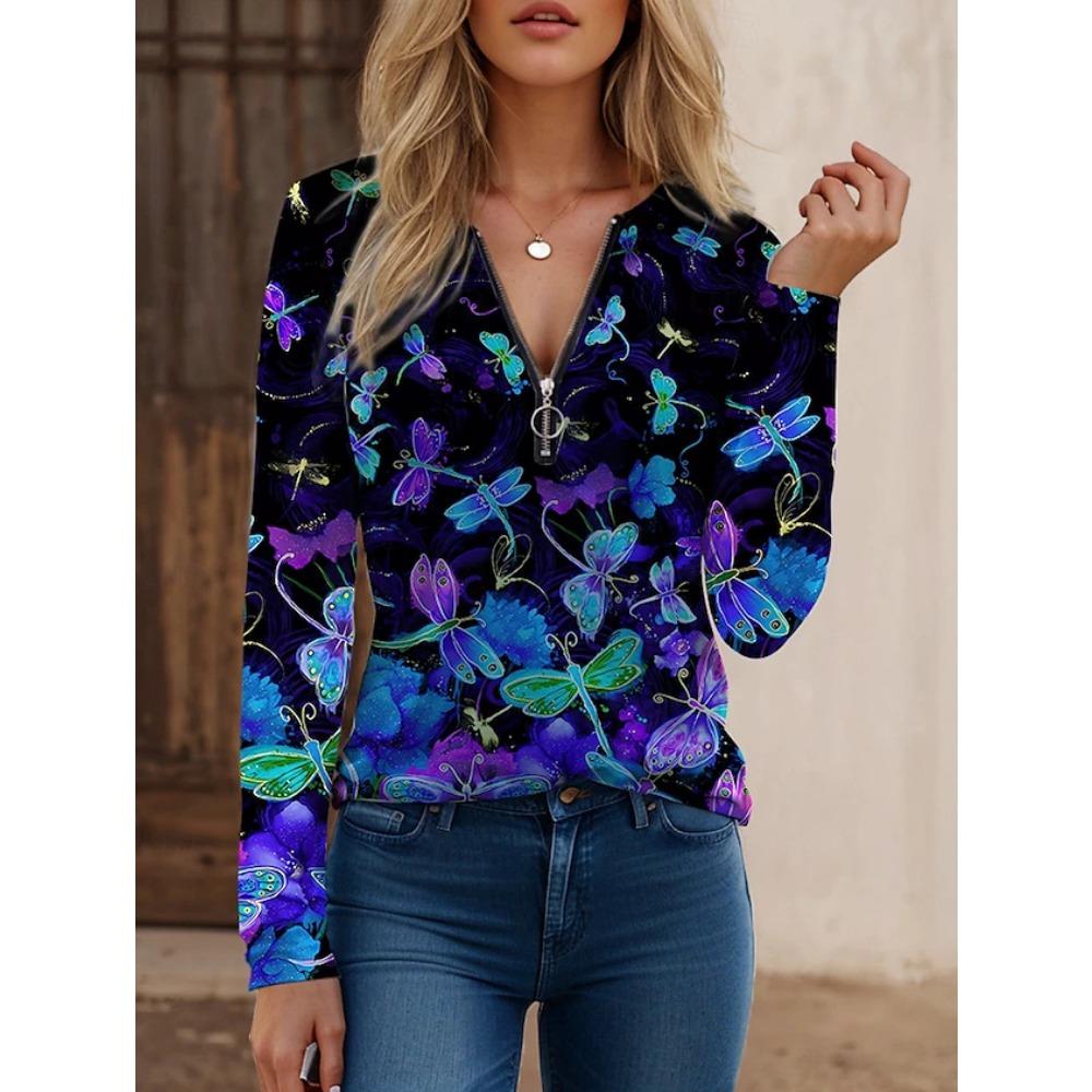 JPNTKY Women's Fashion Casual Autumn Winter Floral Print Long Sleeve Zip Collar Blouses & Shirts