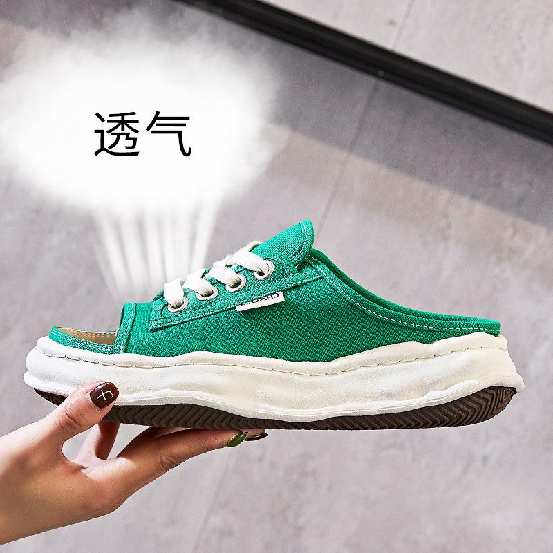 

Canvas dissolved flat-bottomed slippers for women to wear 2025 summer new open-toed cold beach fashion women s shoes 35 зелёный