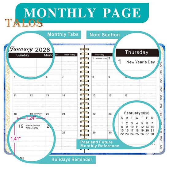 Planer 2025-2026 Lipiec 2025 - Czerwiec 2026 12-miesięczny dzienny tygodniowy miesięczny planer spiralny z nadrukiem kwiatowym do domu, biura, szkoły