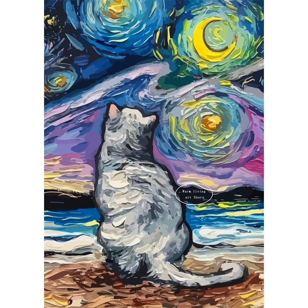 5D Diy Diamond Painting Cross Stitch Embroidery Mosaic Funny Black Cat Flower Van Gogh The Starry Night Full Round Drill Home Decor Wall Art Gift
