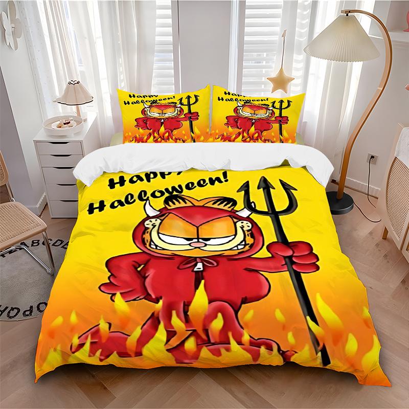 3-teiliges Garfield als Teufel bedrucktes Bettwäsche-Set, weiche und bequeme Bettbezug für Schlafzimmer, Gästezimmer (1 Bettbezug + 2 Kissenbezüge, Kissen