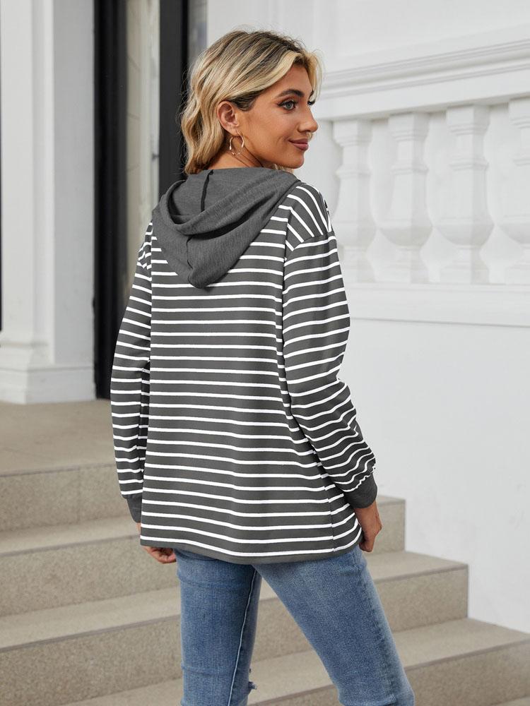 Elegant and Fashionable Fall and Winter Comfortable Hooded Button Drawstring Casual Long Sleeve Sweatshirt Top Pullover Hoodies