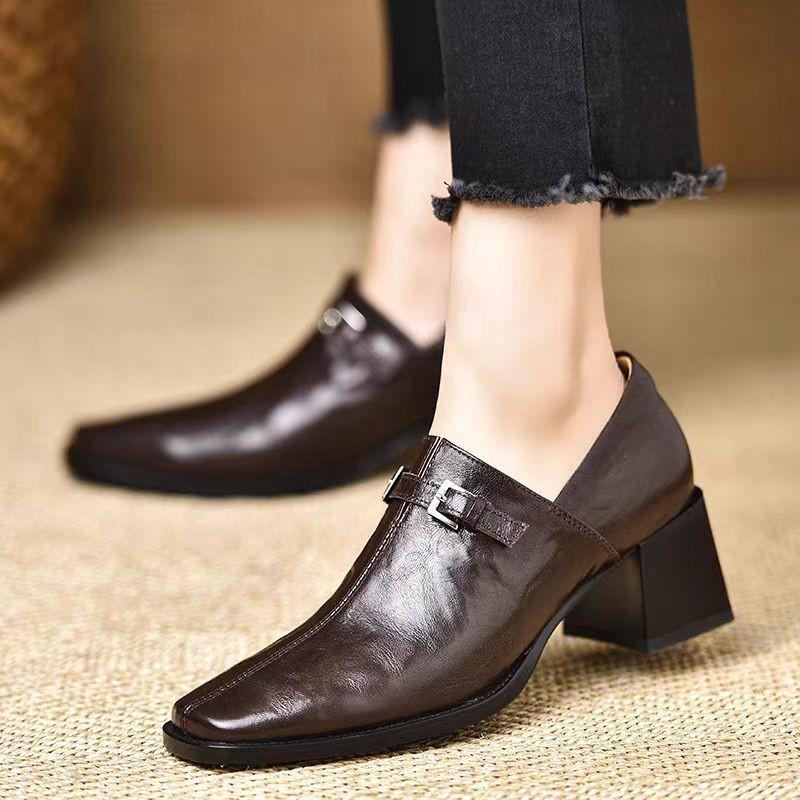 Fashion Women High Heels Square Toe Leather Shoes Winter 2025 Trend Chelsea Casual Chunky Shoes Elegant Office Pumps Zapatillas Mujer