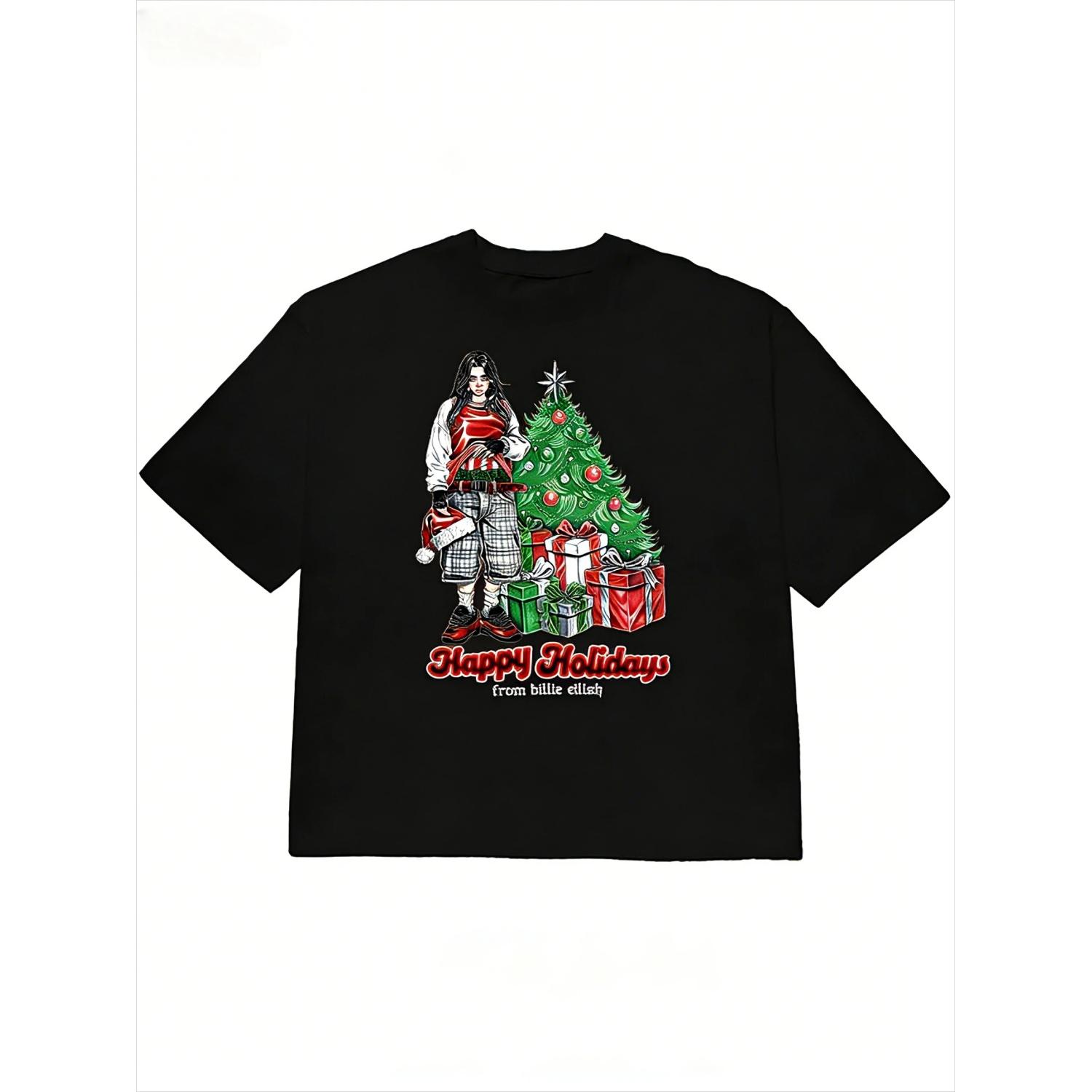 

Billie Eilish Christmas Style European and American Retro Pure Cotton Short-sleeved T-shirt for Spring_Summer 2026 S чёрный