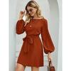 Spring Autumn Elegant Fashion Lace Up Waist Dress Women Lantern Long Sleeve Solid Color Robe Vestidos