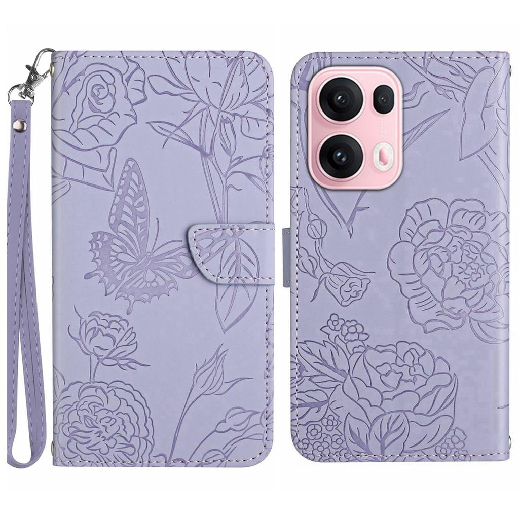 For Oppo Reno13 Pro 5G Case Butterfly Flower Imprinted Leather Phone Cover with Strap