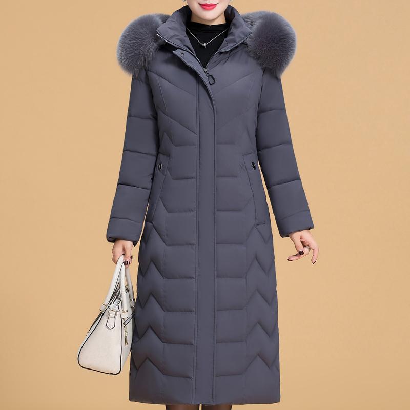 Plus Size XL-6XL Middle Age Woman Long Coat Winter Thick Warm Overcoats Hooded Elegant Faux Fur Collar Loose Lady Jackets