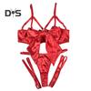 2Pcs/Set Women Sexy Faux Satin Underwear Set Lace Up Bowknot Underwire Push Up Bra Adjustable Strappy Thong Set