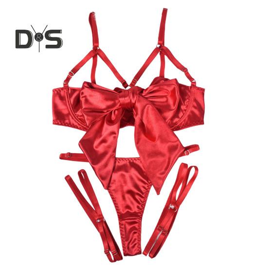 2Pcs/Set Women Sexy Faux Satin Underwear Set Lace Up Bowknot Underwire Push Up Bra Adjustable Strappy Thong Set