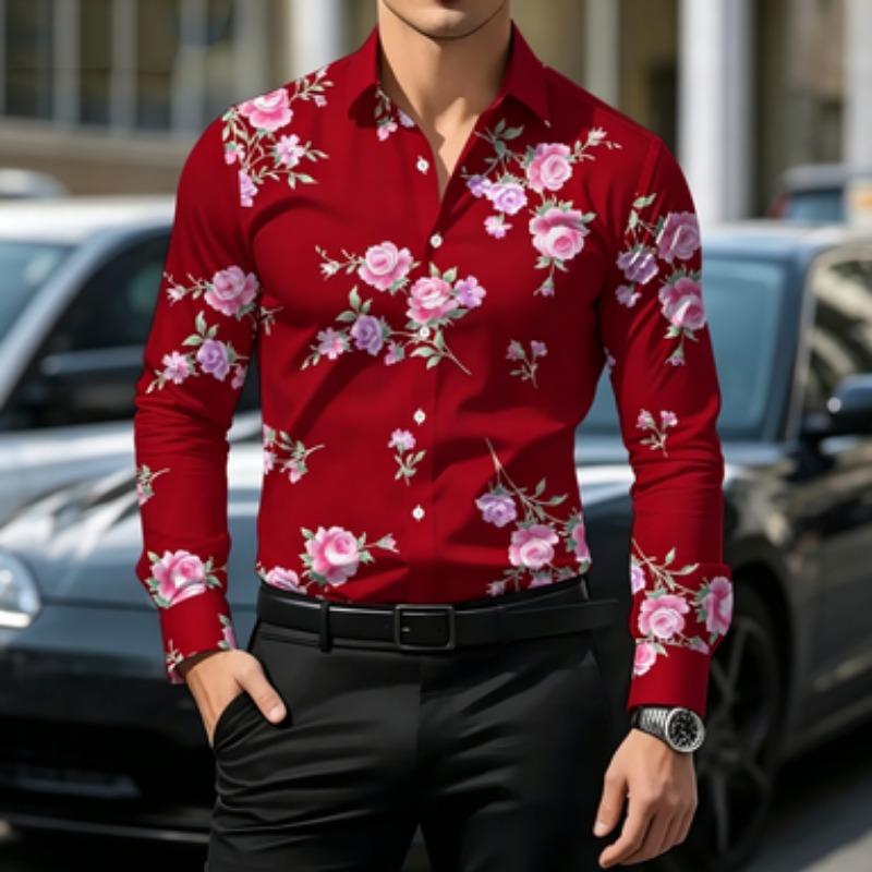 Herren langärmliges Hemd mit Knopfleiste und Kragen, floraler Aufdruck, formell, romantisch, große Blume blühende Blume Ganzkörperdruck, Herren Tropi