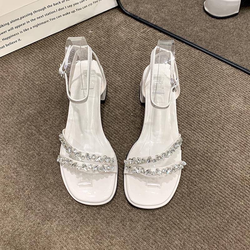 Internet celebrities with the same rock sugar fairy~ French rhinestone word with open-toed thick high-heeled sandals female 2025 summer new
