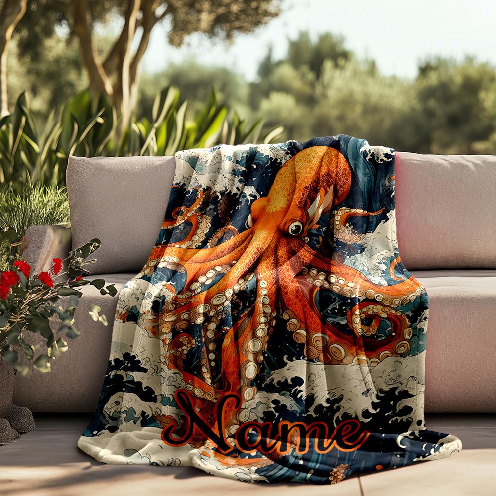 Ocean Life Artwork Vibrant Colors Personalized Outdoor Blanket Personalized Text Soft Cozy For Picnics Outdoor Travel And Camping Sofa Office