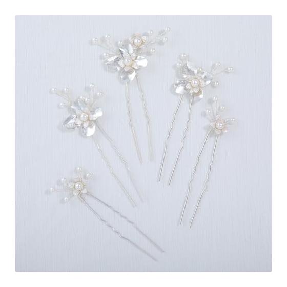 Hair Accessories Set - Leaf and Flower Motif Pearl U-Pins for Bride, Handmade Wedding Hair Jewelry, Silver