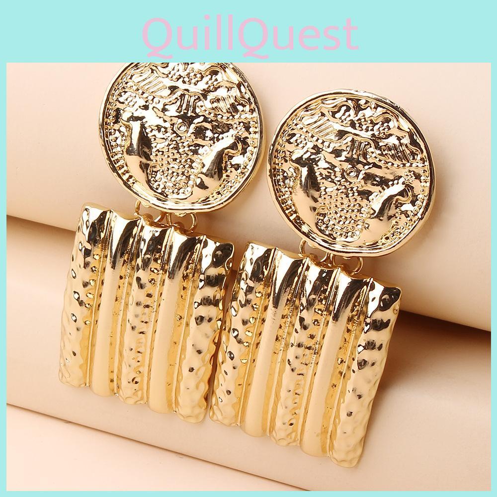 Contemporary Geometric Gold Metal Earrings With Relief Design For Gift Giving