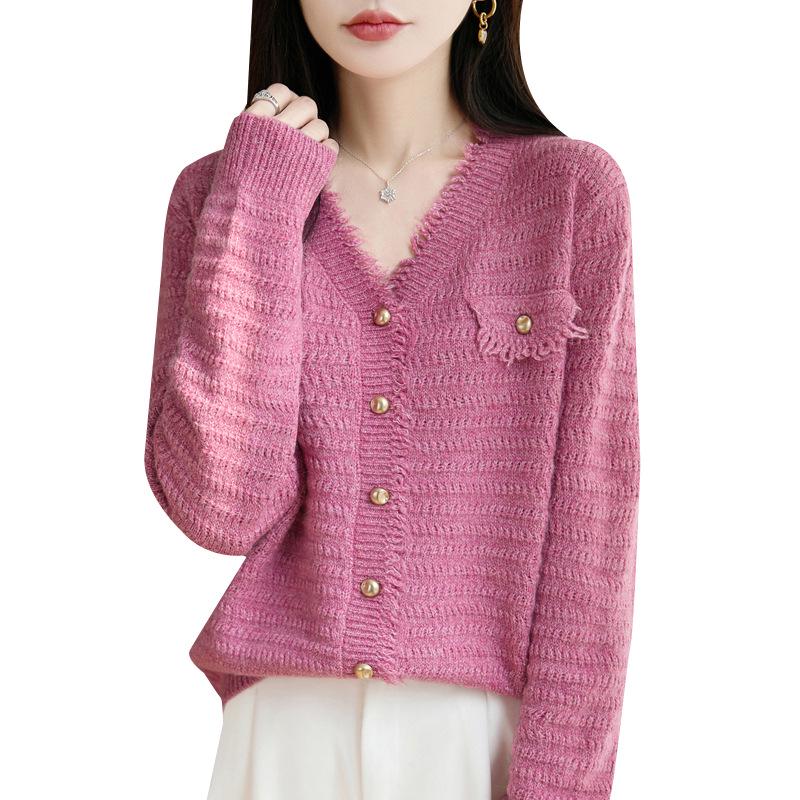 Elegant Women's V-Neck French Knit Cardigan - Warm, Versatile Heather Yarn Sweater