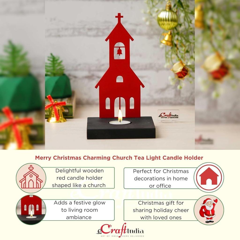 Merry Christmas Charming Church Decorative Tea Light Candle Holder (Wooden Red)| Christmas Decoration Items for Home Living Room Office