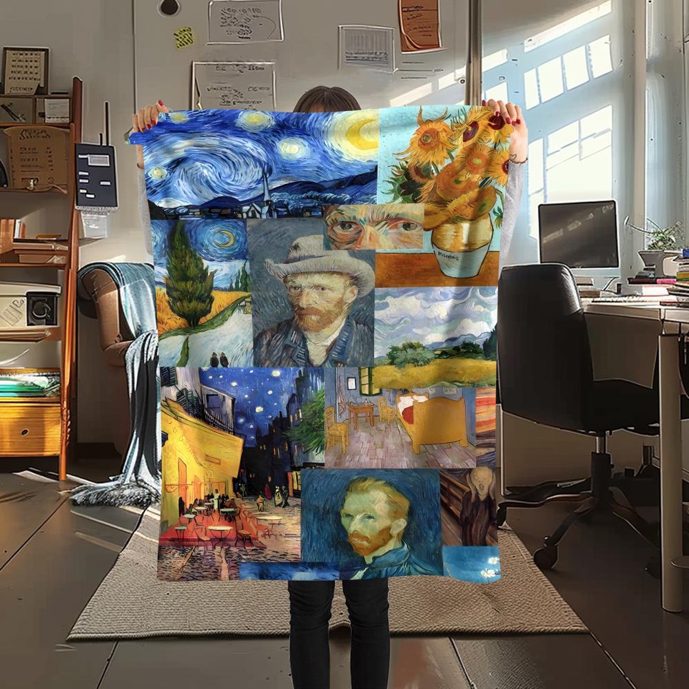 1Pc Van Gogh Painting Print Flannel Blanket, High Quality Comfortable for All Seasons, Home Decor, Warmth and Comfort, Perfect for Christmas Gifts