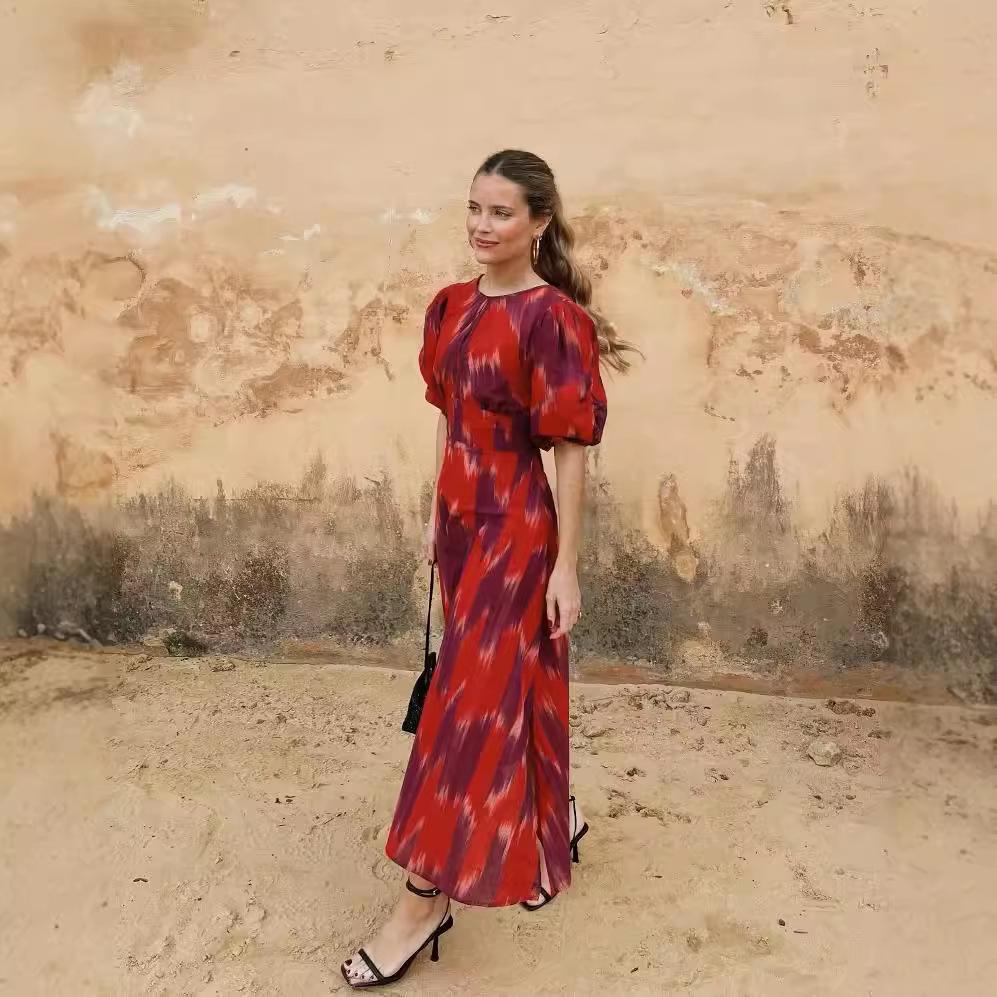 2024 Sommer Europäisches & Amerikanisches Damen Rundhals Bedrucktes Schnürkleid