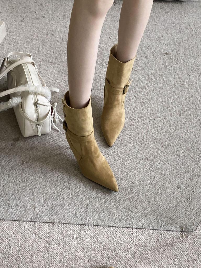 2025 Autumn and Winter New Pointed Thin Heel High Heel Suede Temperament French Fashion Sexy Beautiful Women Short Boots