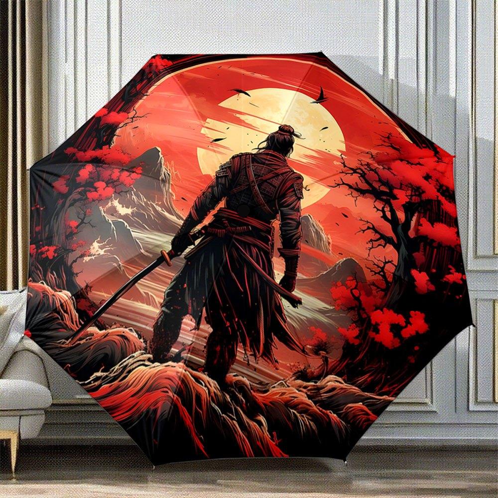 Samurai & Korean Hwarang Warrior Inspired Folding Umbrella - 8-Rib Open/Close, Compact Travel Umbrella with Red Cherry Blossom