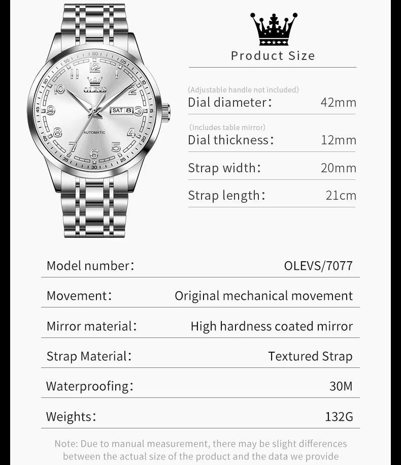 OLEVS Man Watch Luxury Automatic Mechanical Wristwatches Original Stainless Steel Waterproof Luminous Date Week Hand Clock 7077