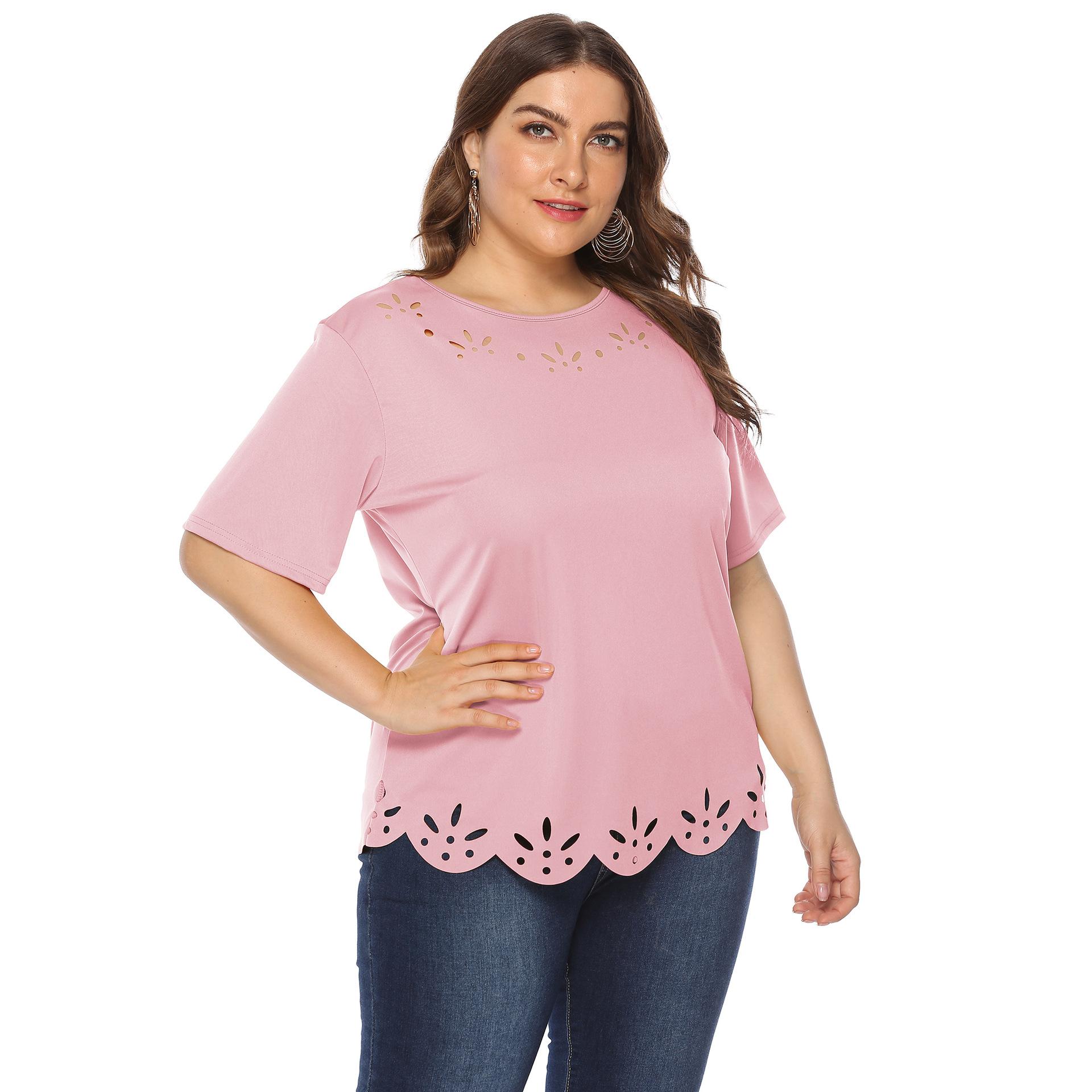 

Однотонная футболка, женская одежда больших размеров, женская летняя футболка большого размера с коротким рукавом, ажурная футболка с волнами, женские повседневные футболки 0XL розовый