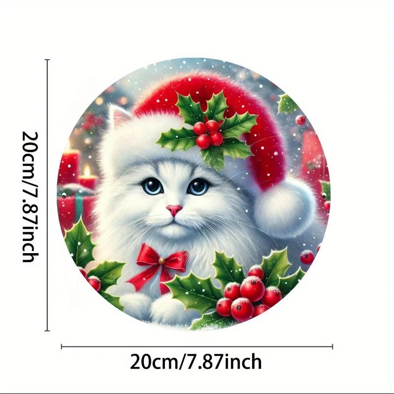 2D Flat Vintage Round Acrylic Christmas Decoration Sign, Santa Hat Cat & Holly, Home Decor Plaque Hanging Wall Art Decorative Garden Decoration for Ro