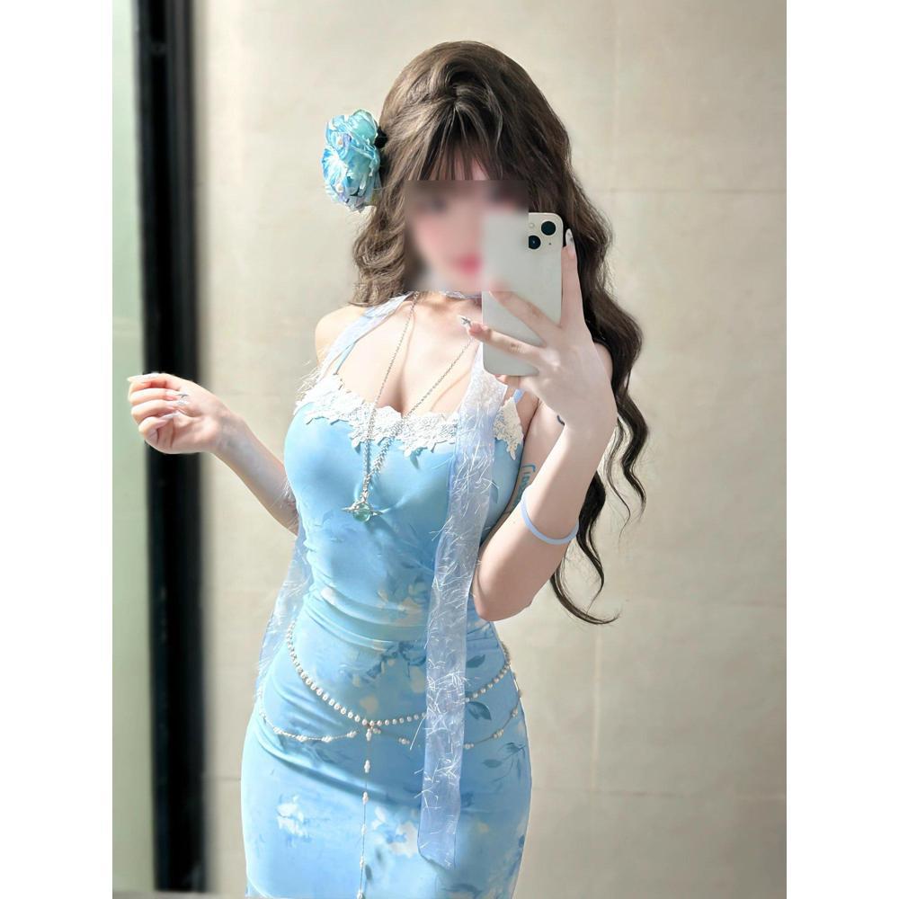 Seaside Vacation Blue Mesh Splicing Suspender Dress Gentle Temperament Show Figure Waist Hip Beach Skirt Summer