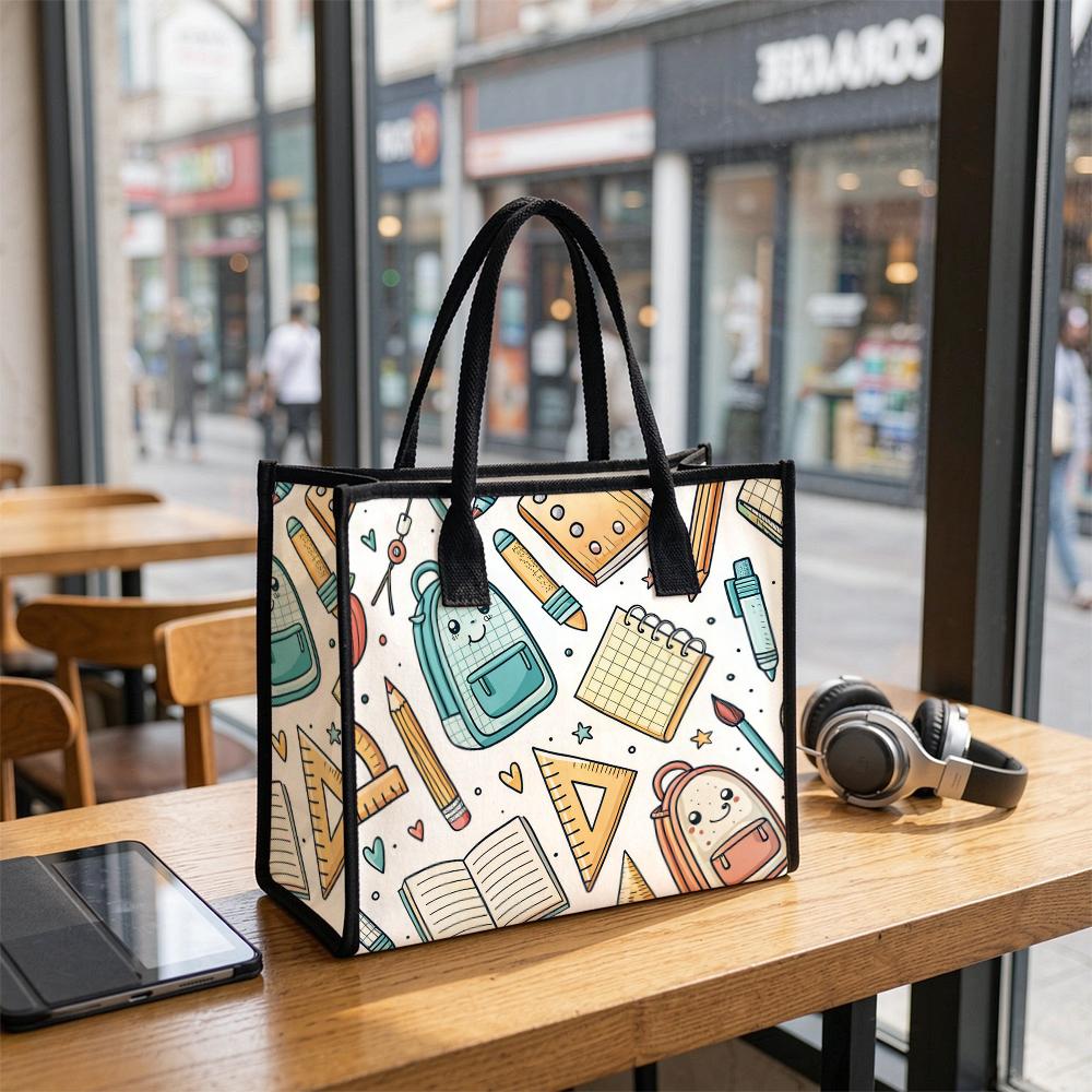 Cute School Stationery Pattern Tote Bag Daily Use Portable Reusable Shopping Shoulder Bag for Students Women