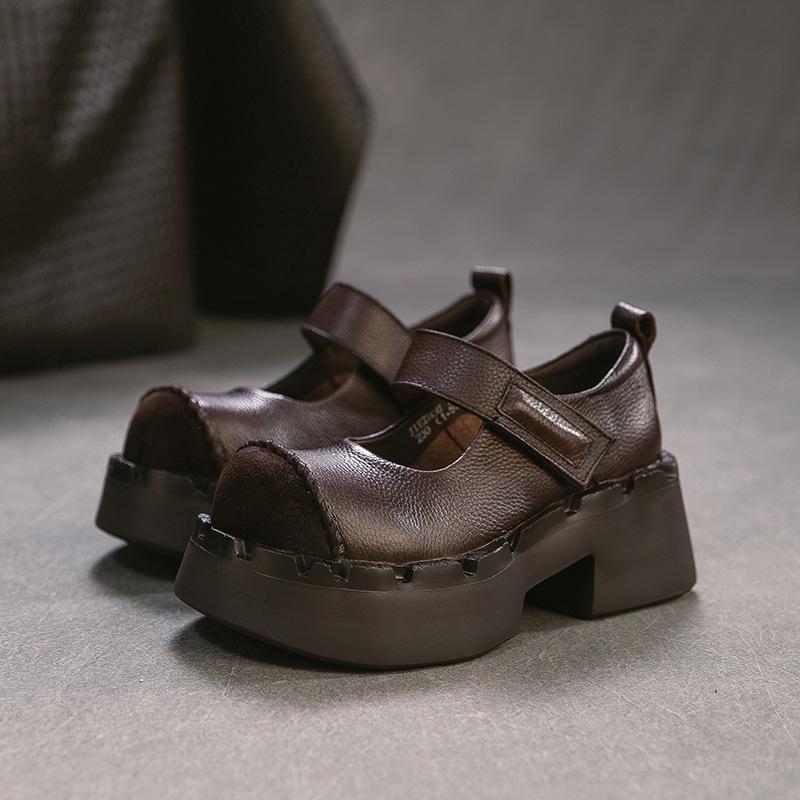 Johnature Genuine Leather Thick Soled High Heels Pumps Fashion Round Toe Women's Platform Shoes