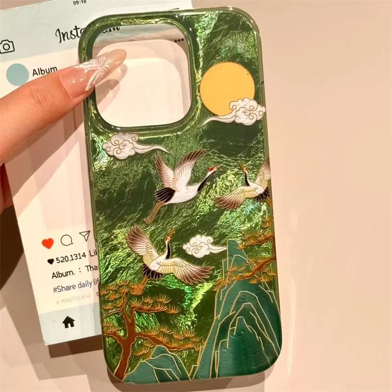 

Vortex pattern High Mountain Auspicious Cloud Crane Phone Case For iPhone 17 16 Pro Max 15 14 13 12 11 XS XR X SE 7 8 Plus Cover iPhone 16 Pro