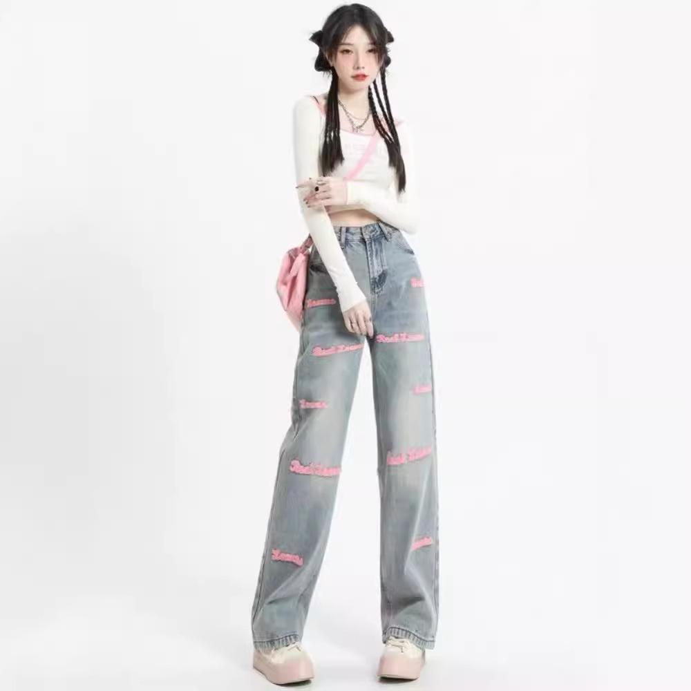 American High Street Hot Girl Embroidered Wide Leg Jeans Women's New High Waist Retro Loose Draggle-Tail Straight Trousers