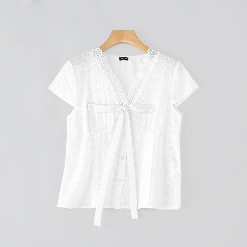 

VONDA Women V Neck Short Sleeve Embroidery Buttons Up Crochet Lace Casual Blouse M белый